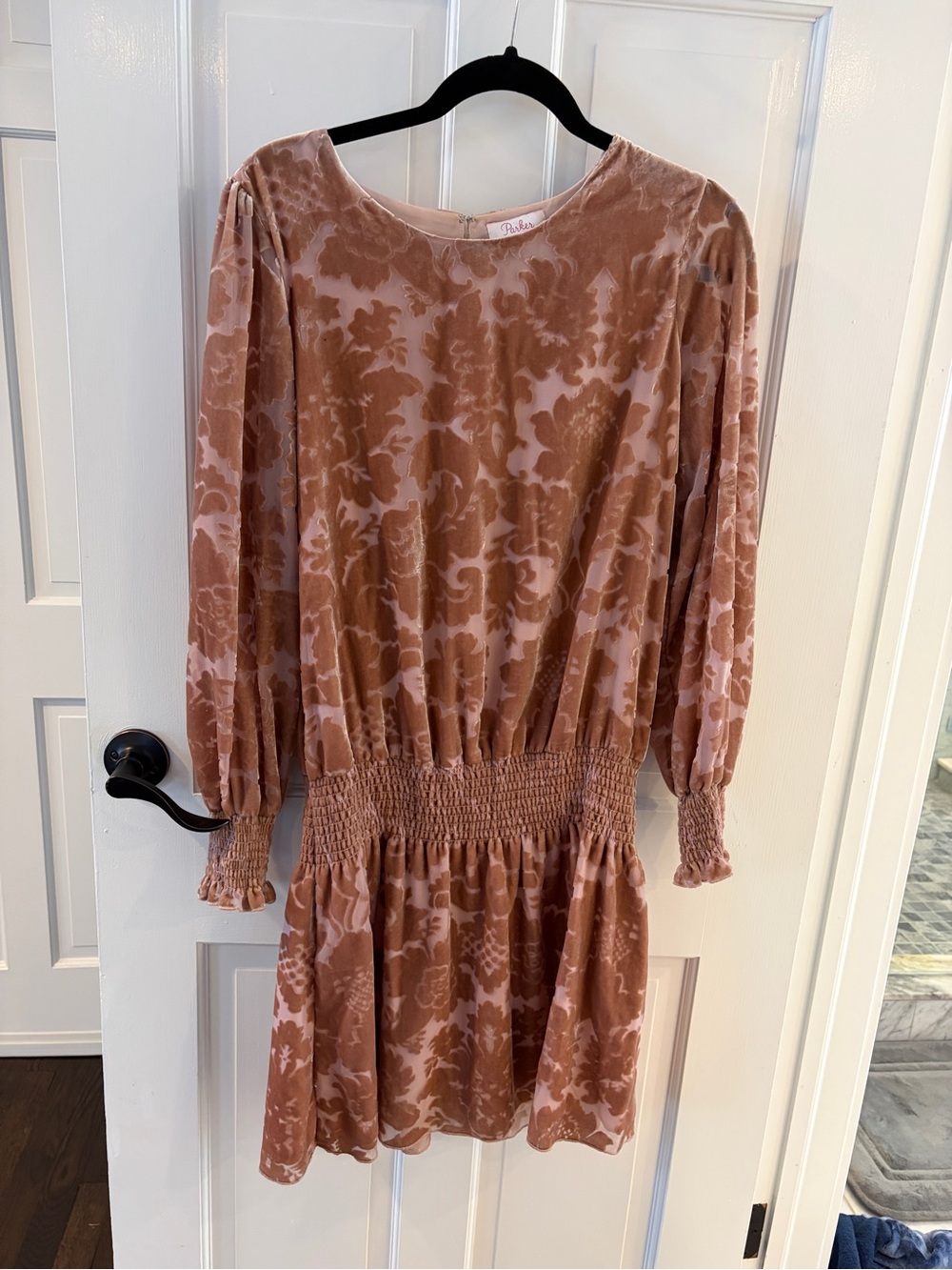 Parker Blush Brown Floral Velvet Long-Sleeve Smocked Waist Dress